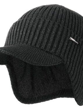 Unisex Slate Grey Lined Knit Beanie Brim Ear Flaps Winter Classic Stocking Cap
